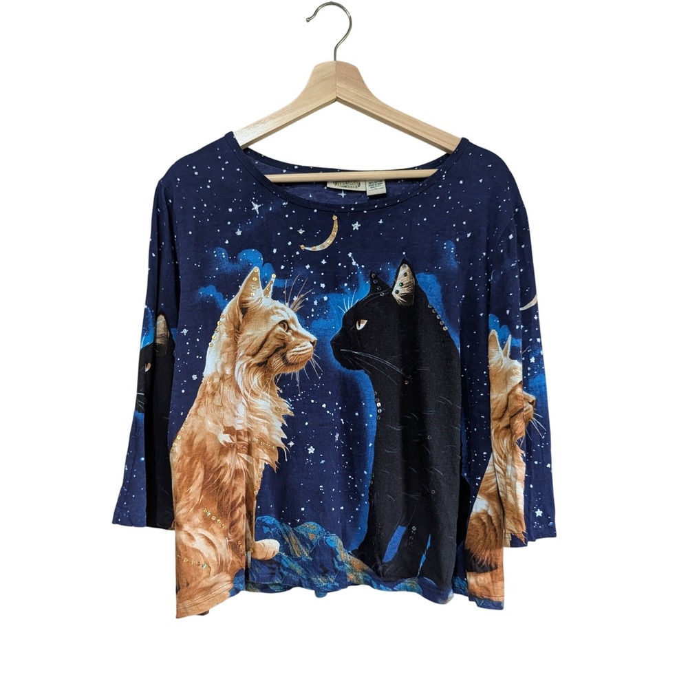 Blue Celestial Cat Print Sequin Starry Night 3/4 Sleeve Shirt